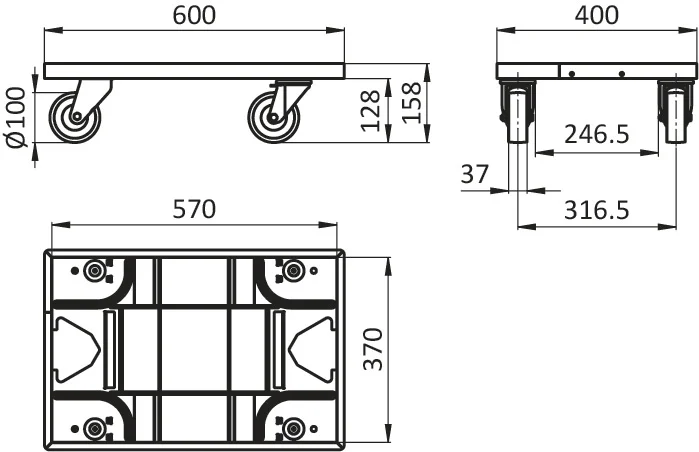 Floor castor with 2 fixed castors solid rubber, 2 swivel castors polyamide black, without drawbar and coupling
