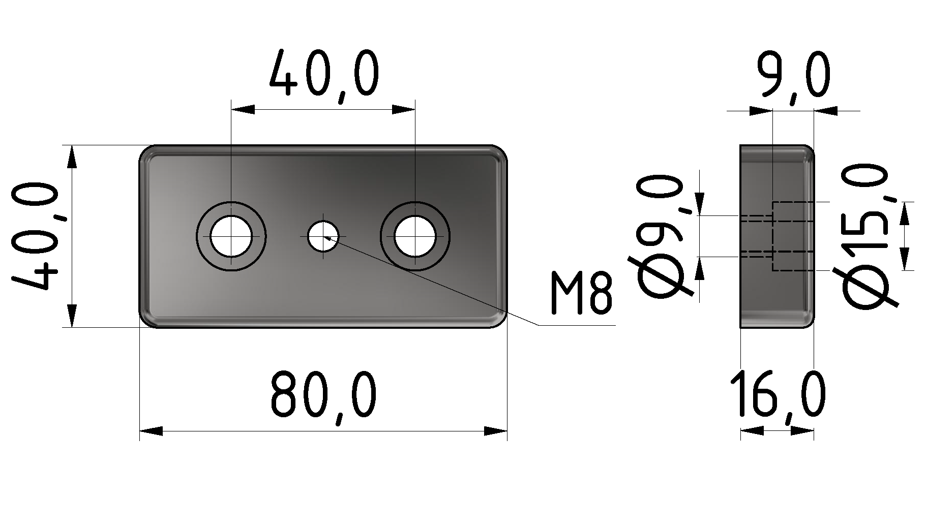 Fußplatte 8 80x40, M8, verzinkt