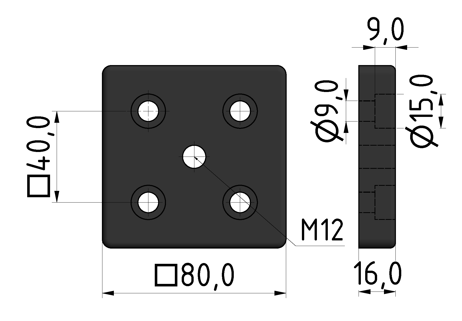 Fußplatte 8 80x80, M12, schwarz