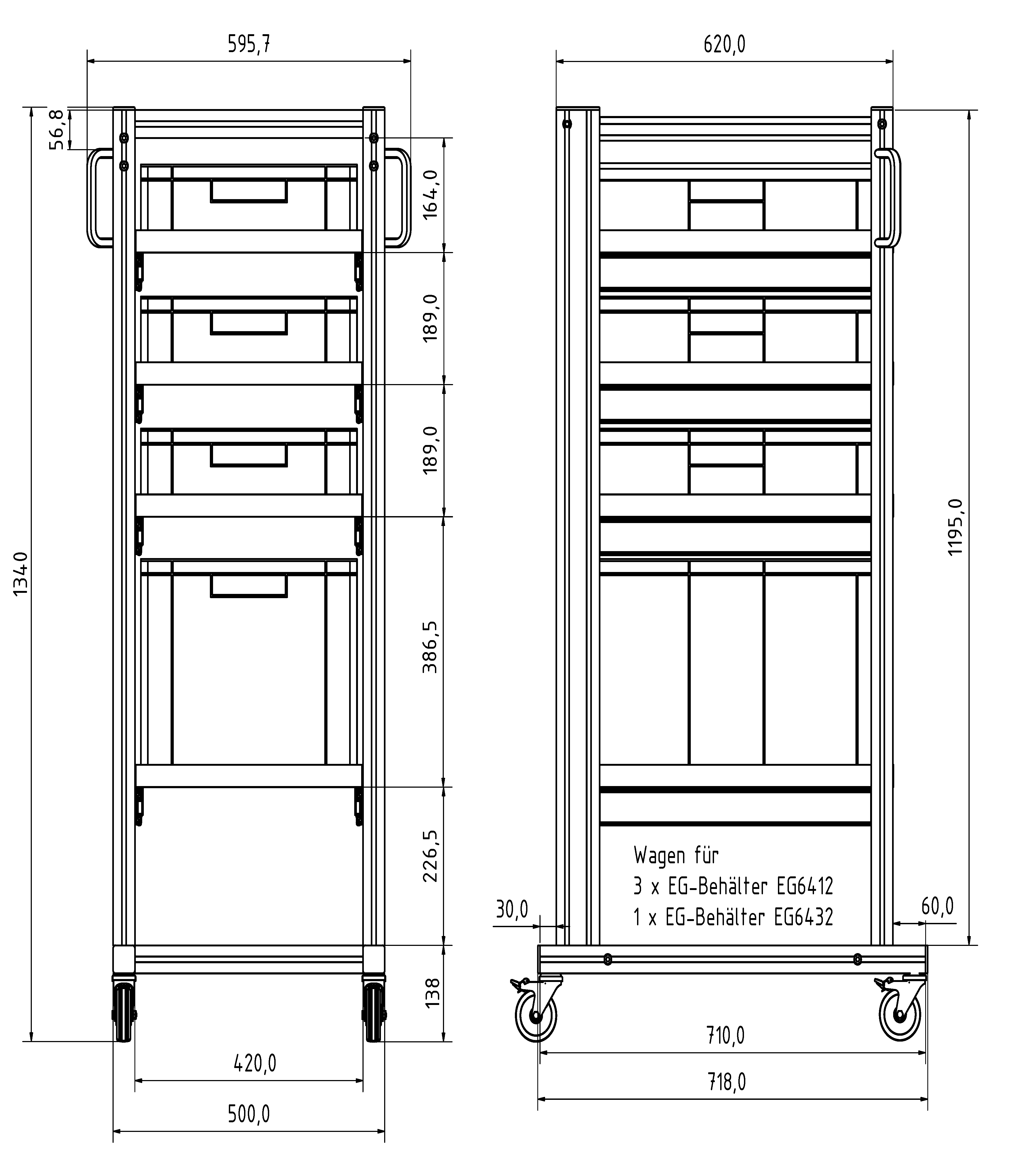 Systemwagen für Eurobehälter 60x40 H 134 cm