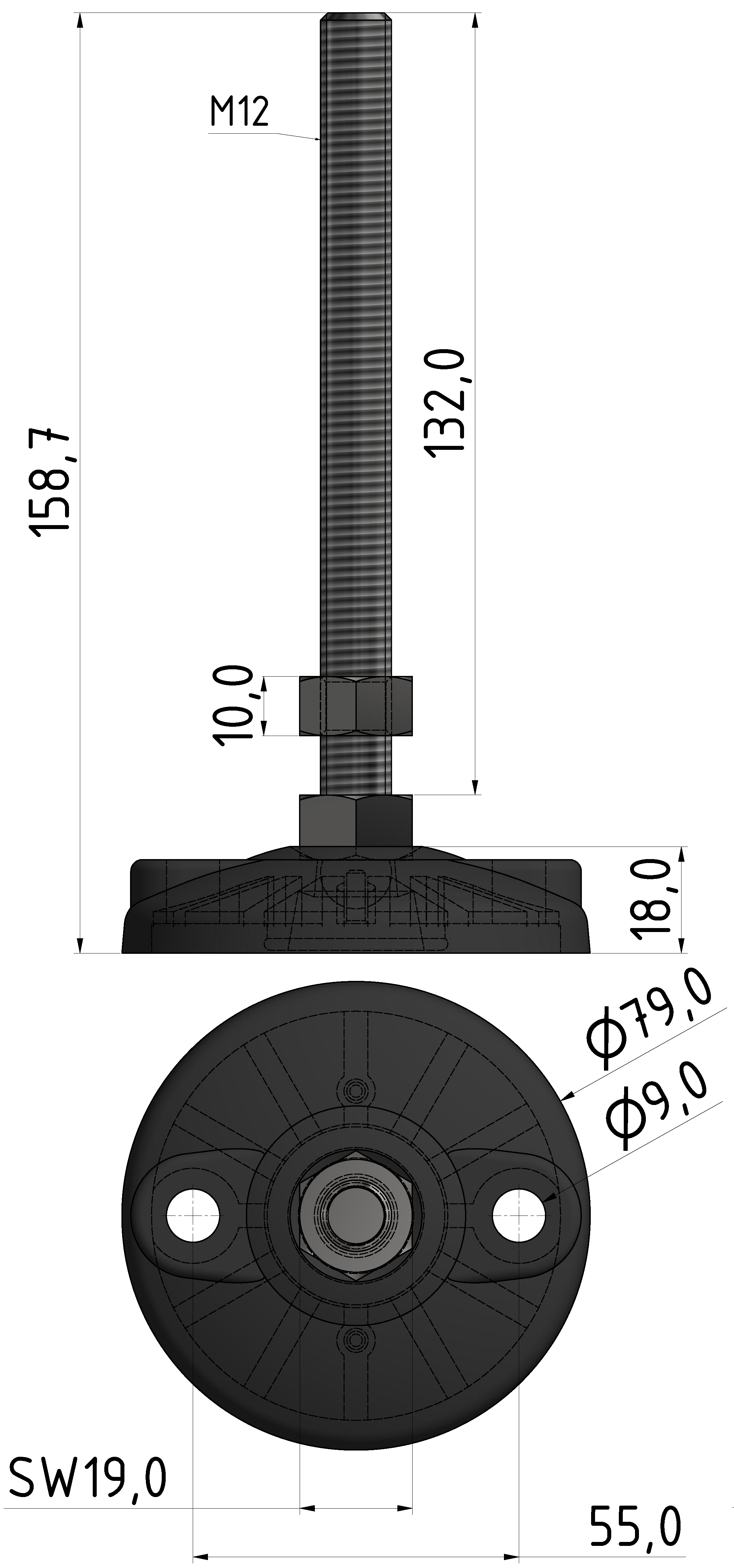 Stellfuß D80 B, M12x160, schwarz