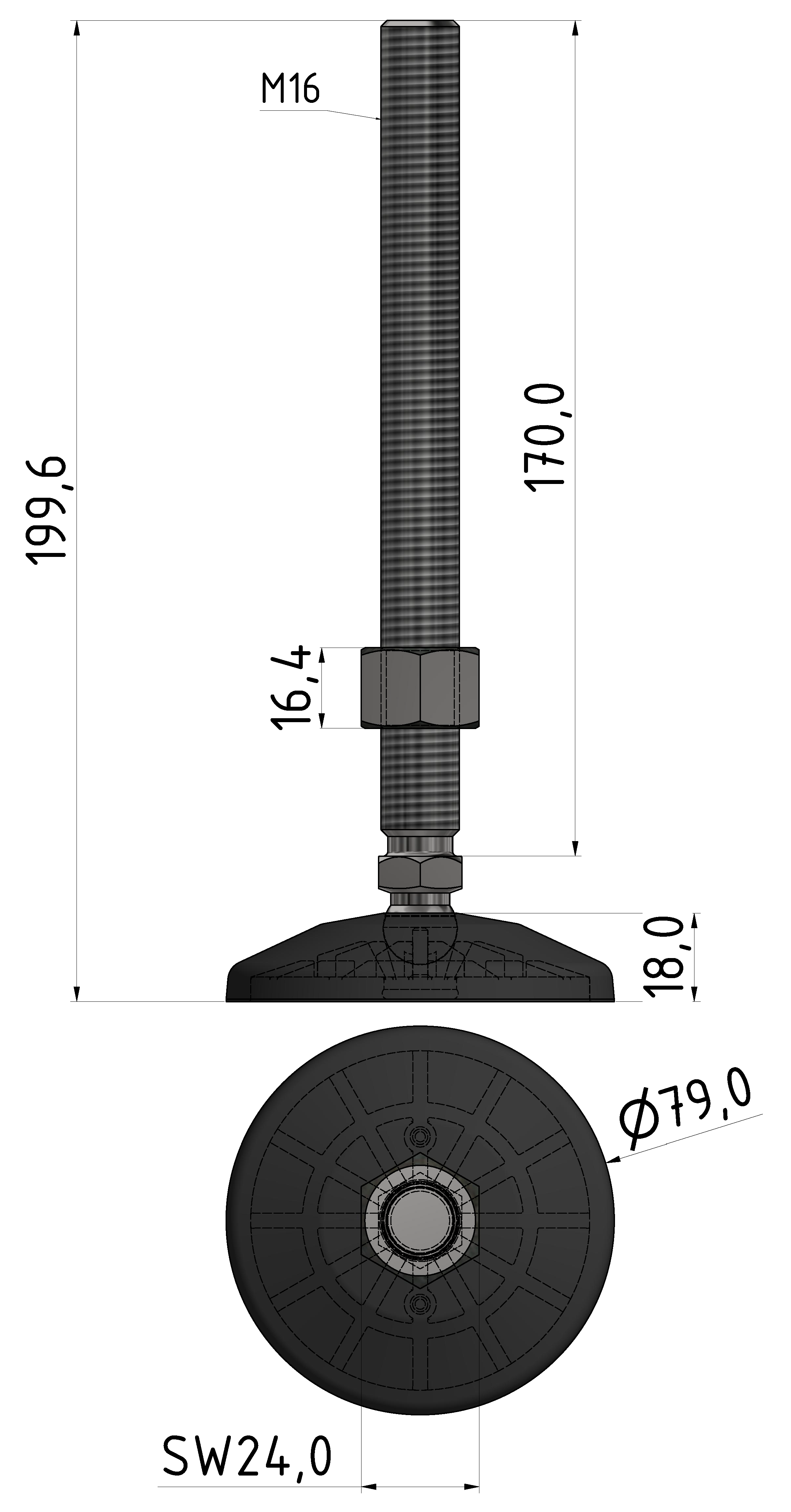 Stellfuß D80 PA M16x195, schwarz Stellfuß D80 PA M16x195, schwarz