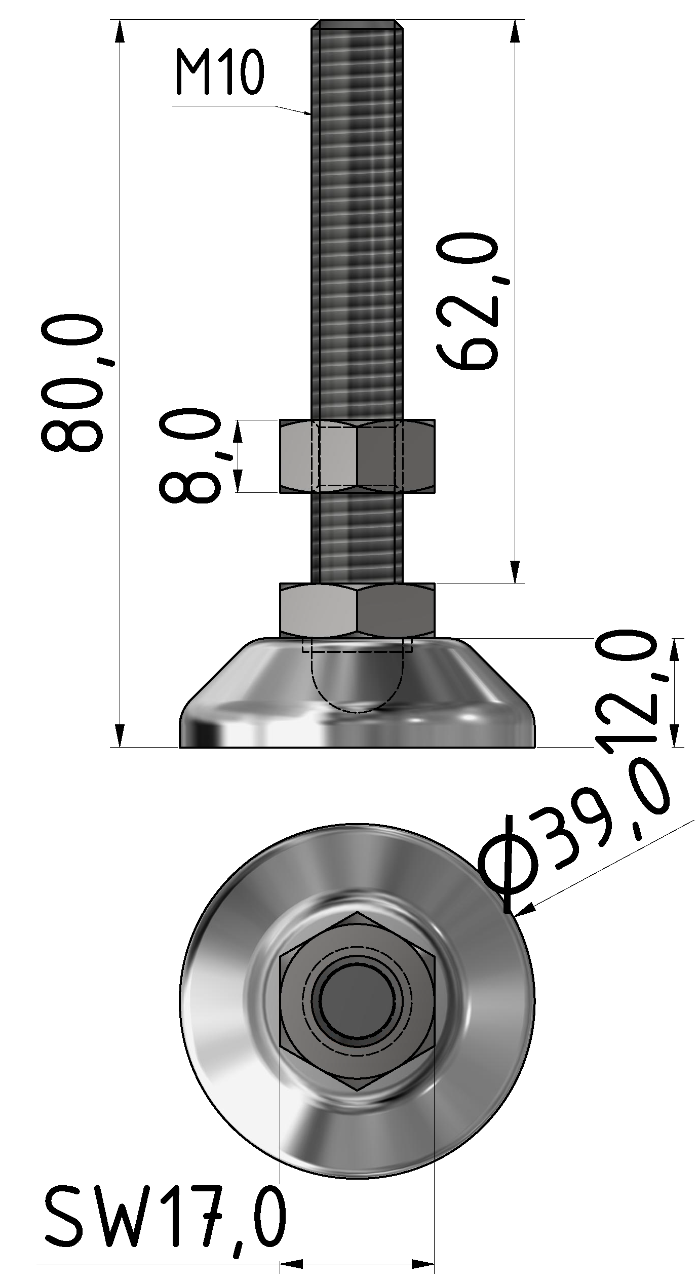 Stellfuß D40, M10x70, rostfrei