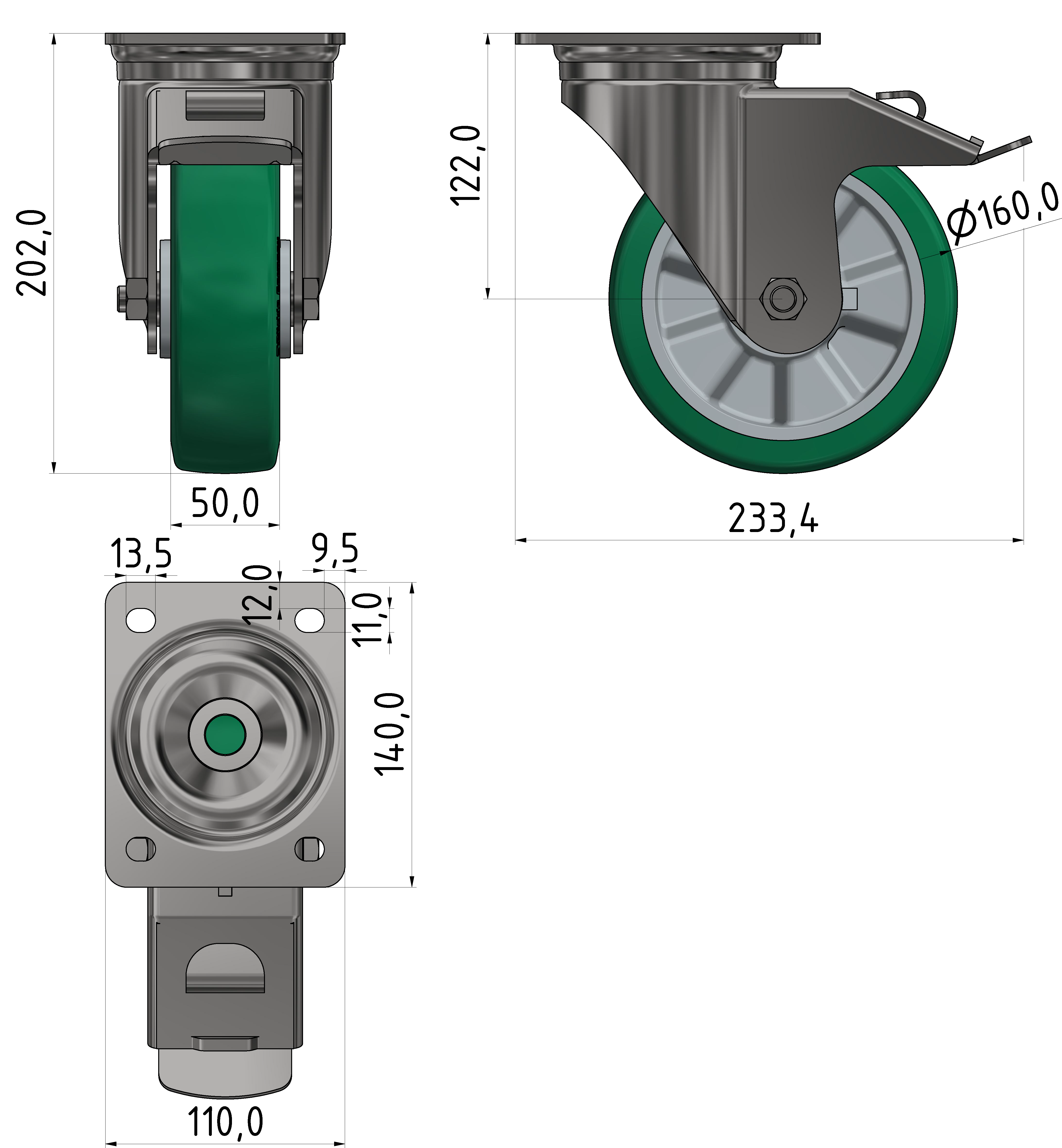 Schwerlast Lenkrolle D160 mit Bremse, verzinkt