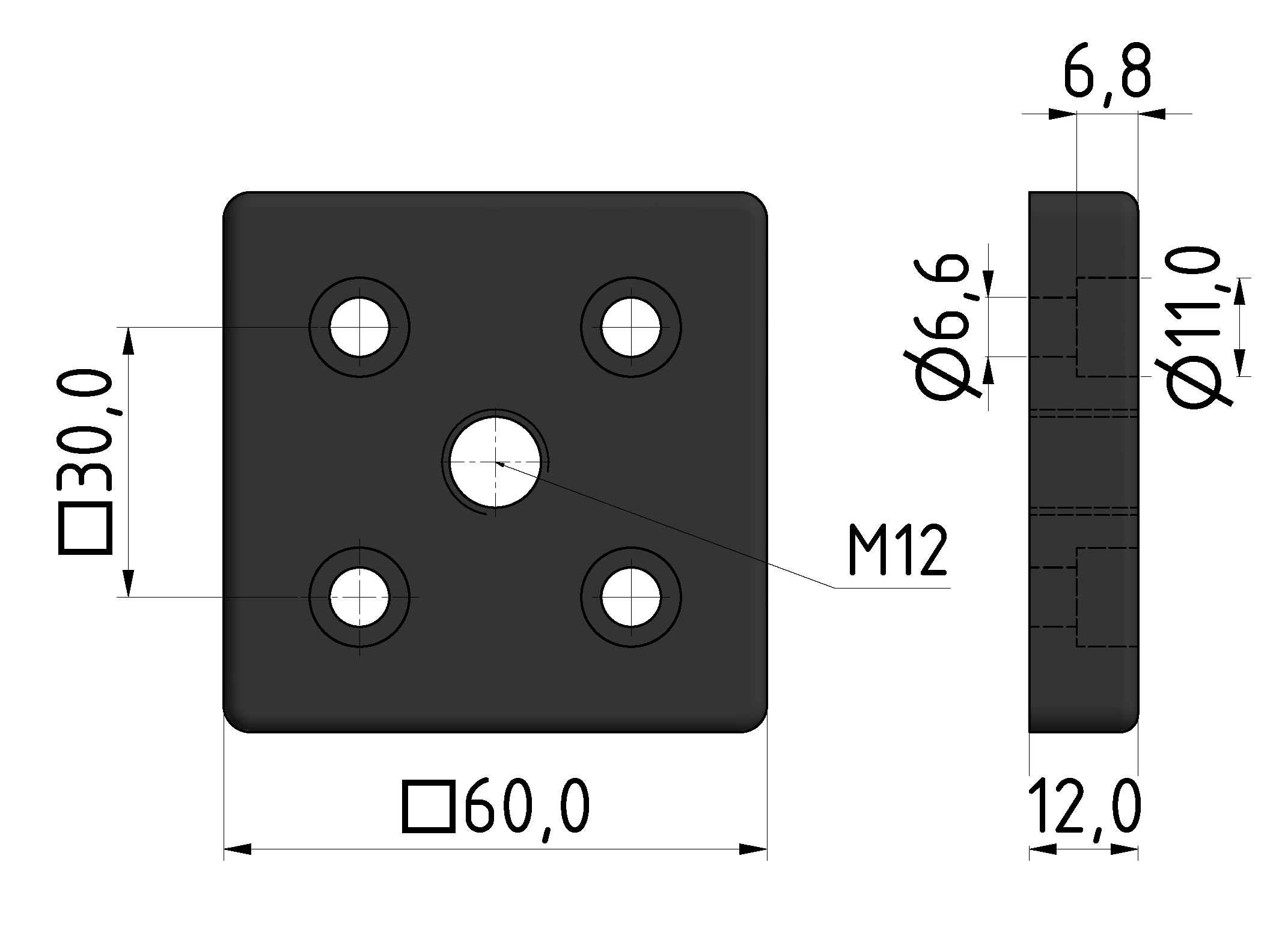 Fußplatte 6 60x60, M12, schwarz