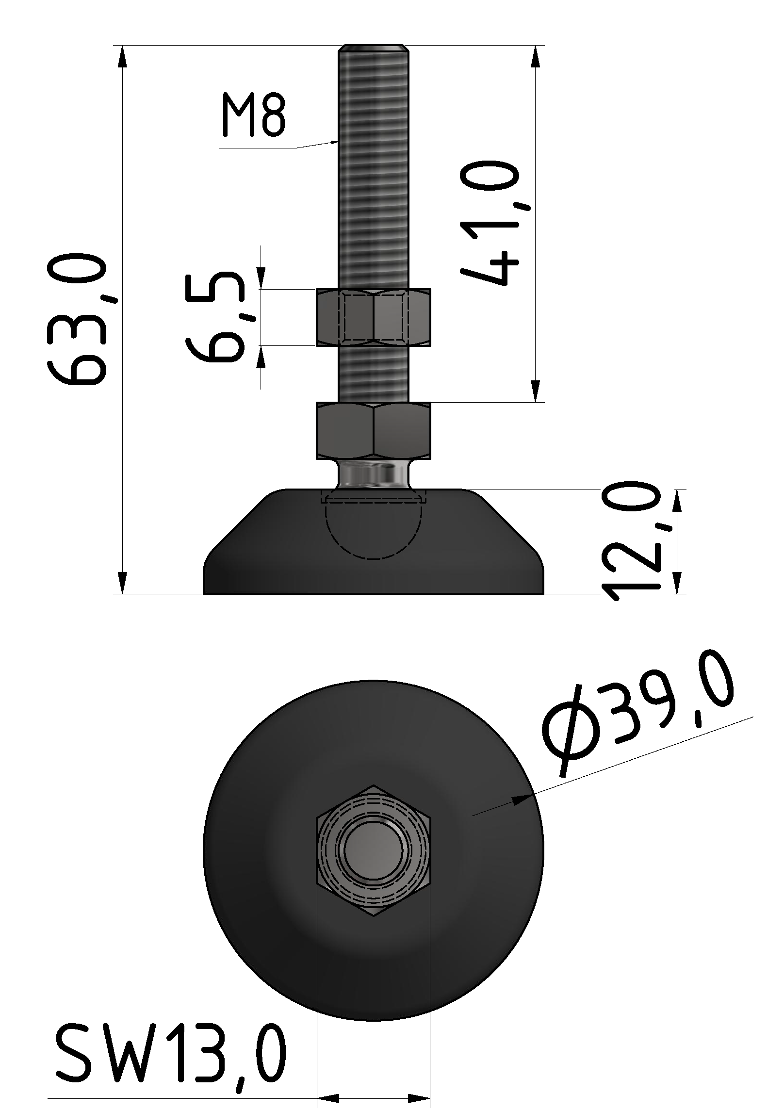 Stellfuß D40, M8x60, schwarz