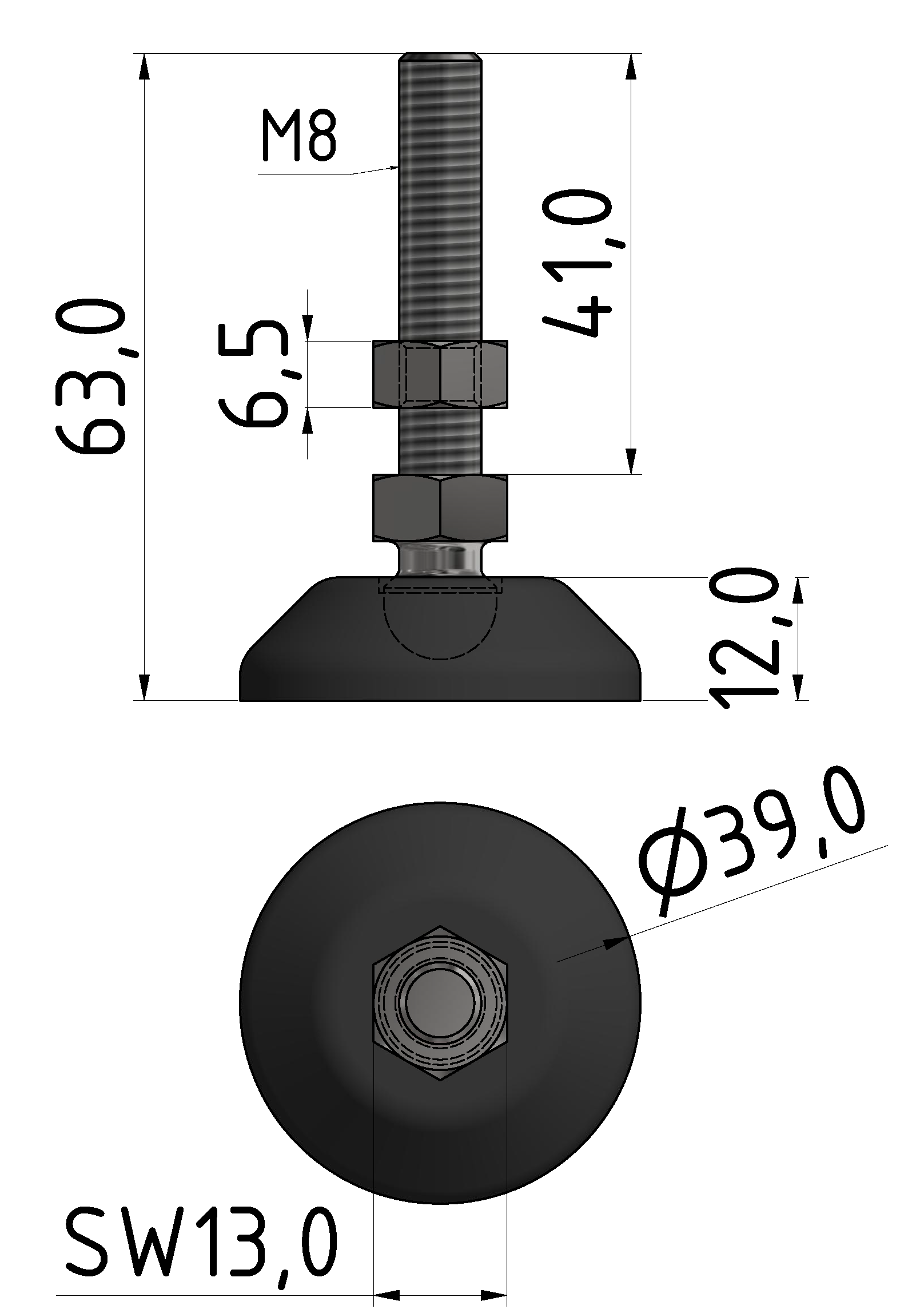 Knuckle Foot D40, M8x60, black