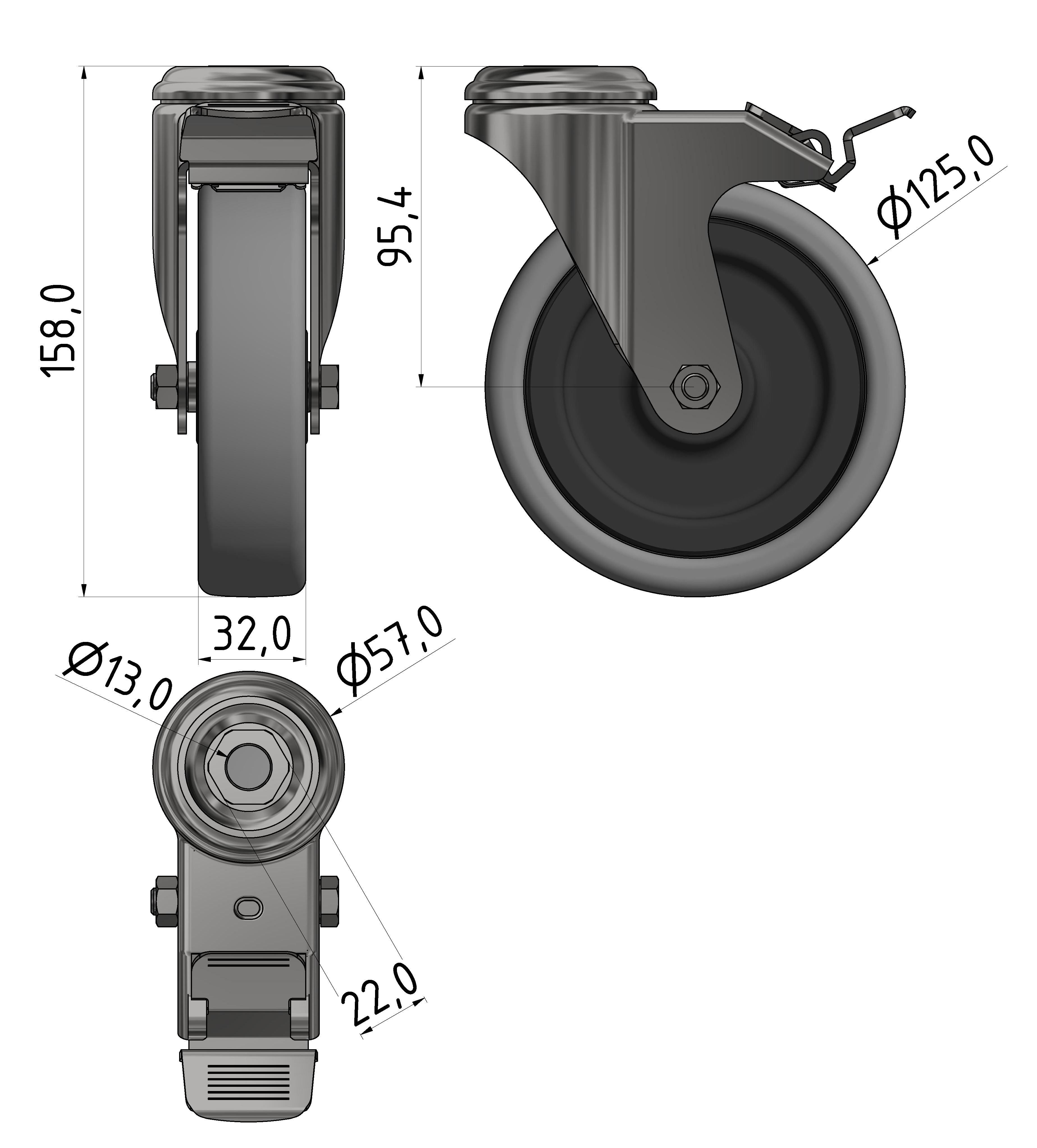 Castor D125 swivel with double-brake, bright zinc-plated-8