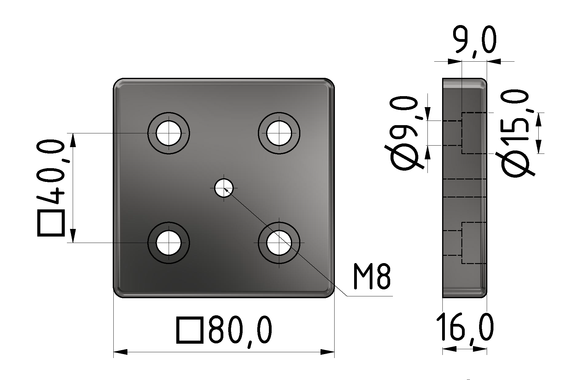 Fußplatte 8 80x80, M8, verzinkt