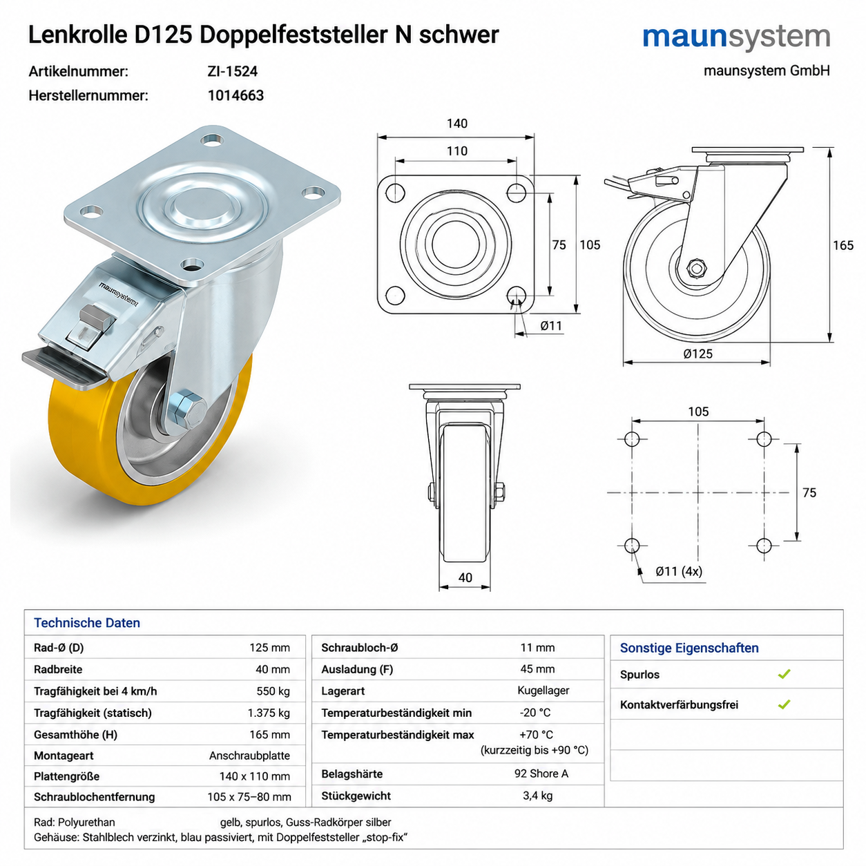 Lenkrolle D125 Doppelfeststeller N schwer