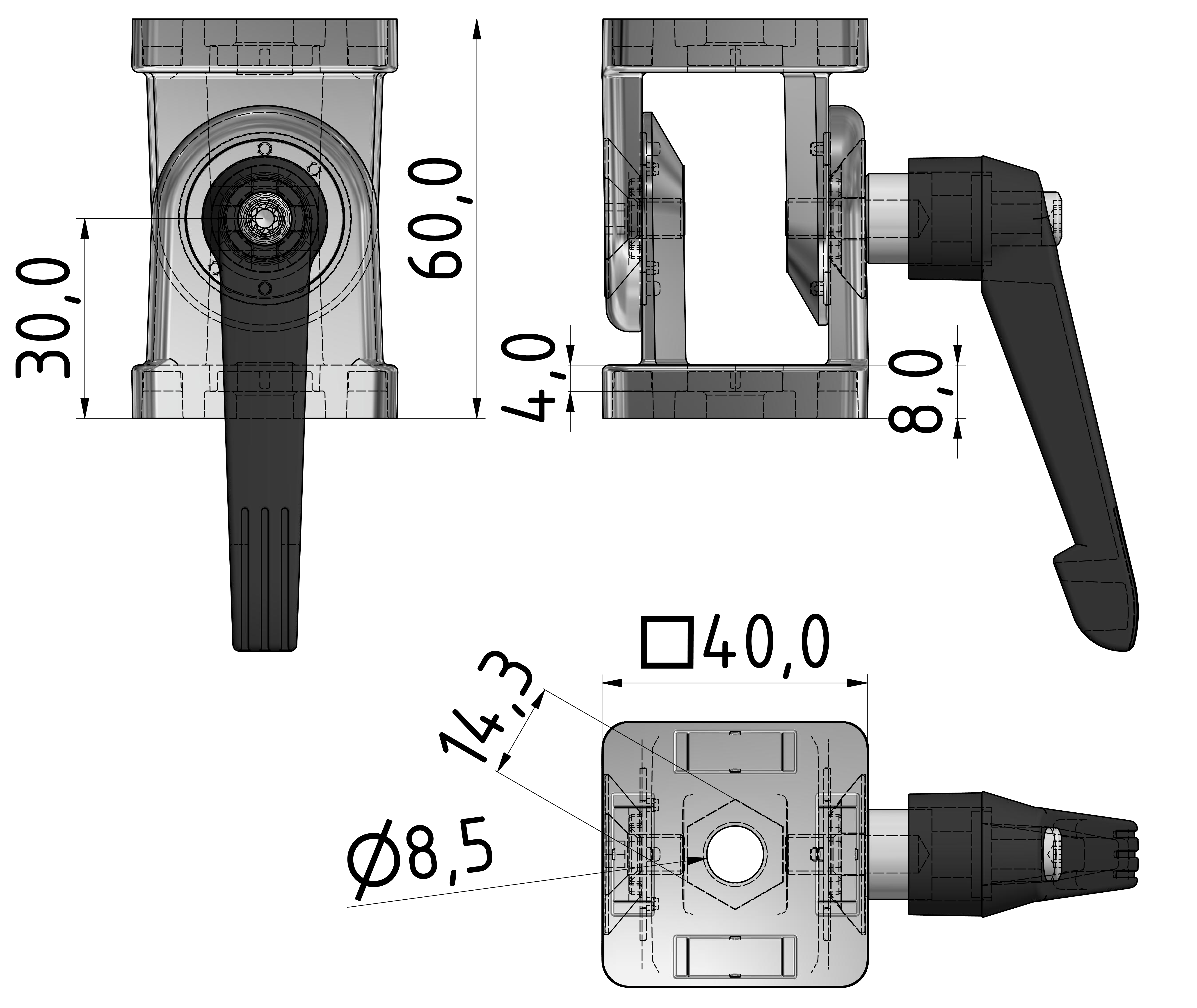 Gelenk 40 mit Klemmhebel, weißaluminium-10