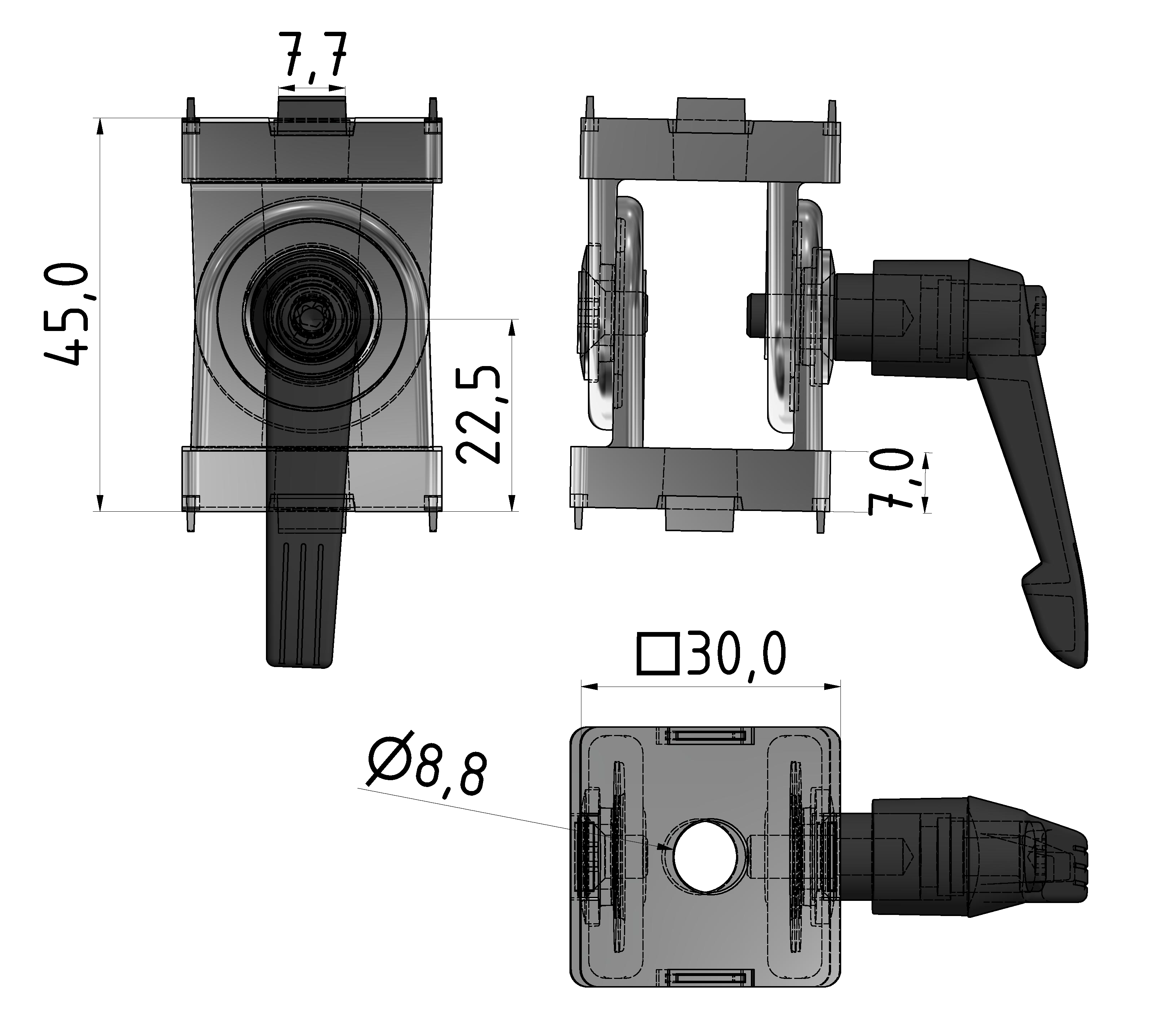 Gelenk 30 mit Klemmhebel, weißaluminium-8 Gelenk 30 mit Klemmhebel, weißaluminium-8