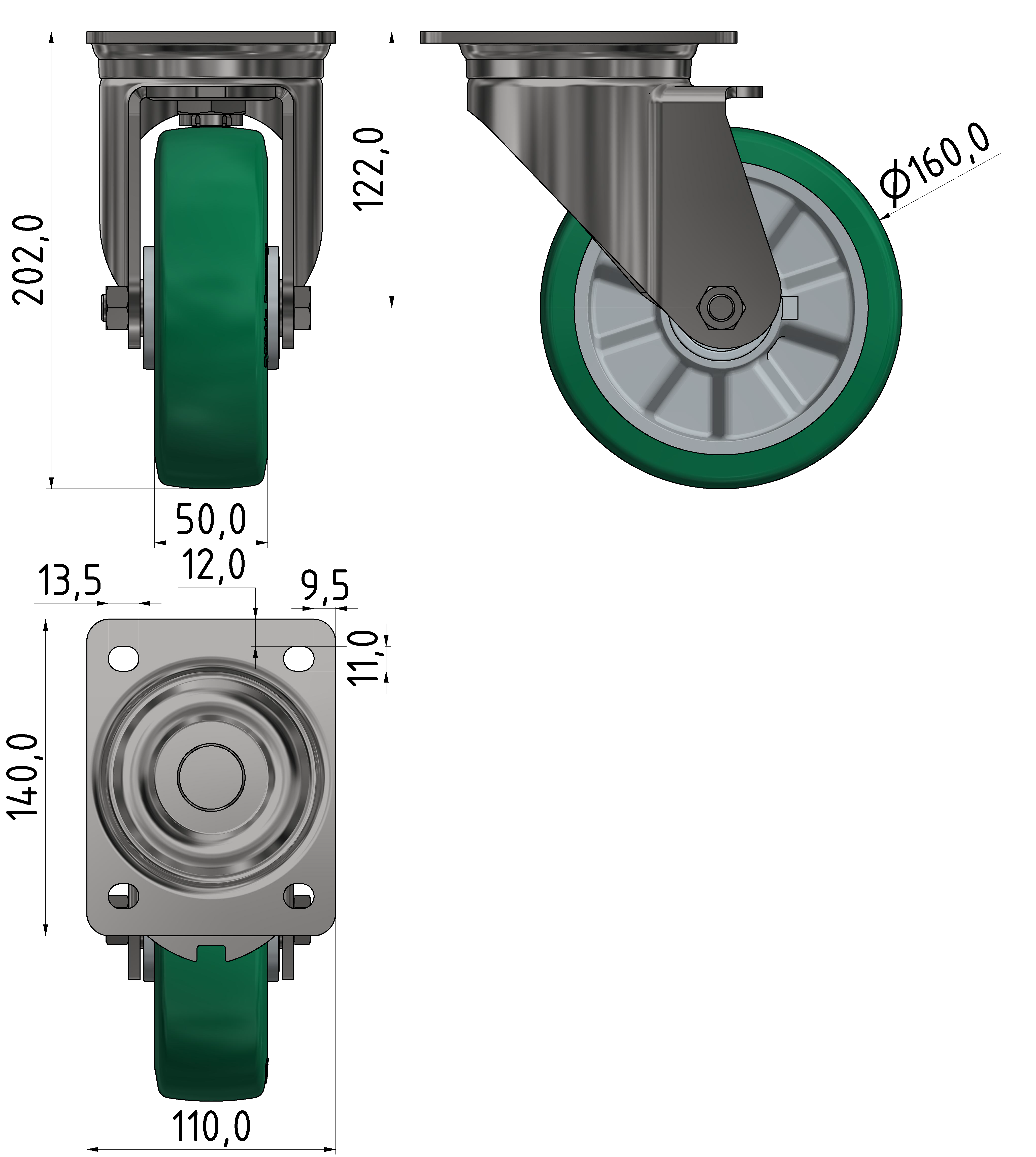 Schwerlast Lenkrolle D160, verzinkt