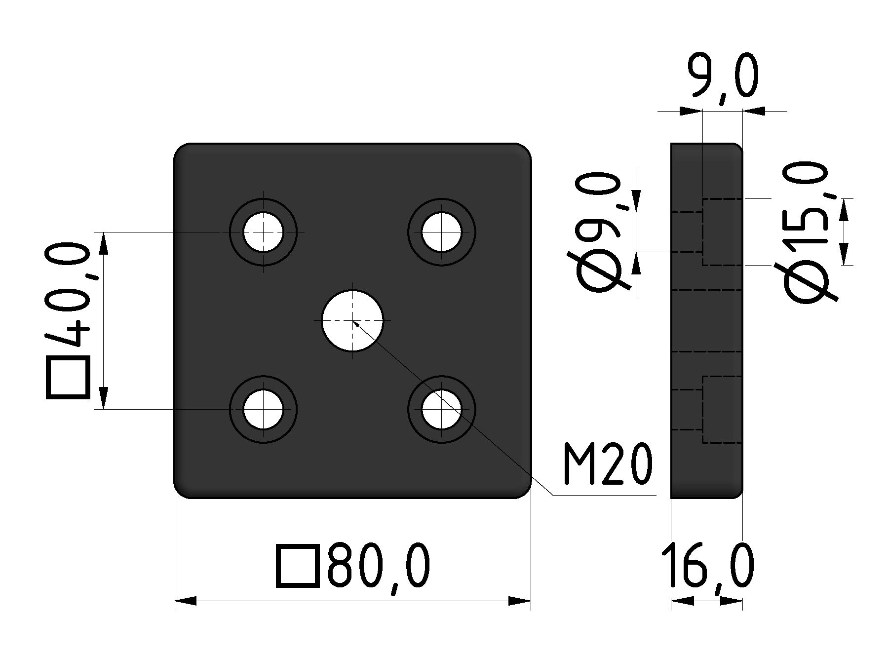 Fußplatte 8 80x80, M20, schwarz