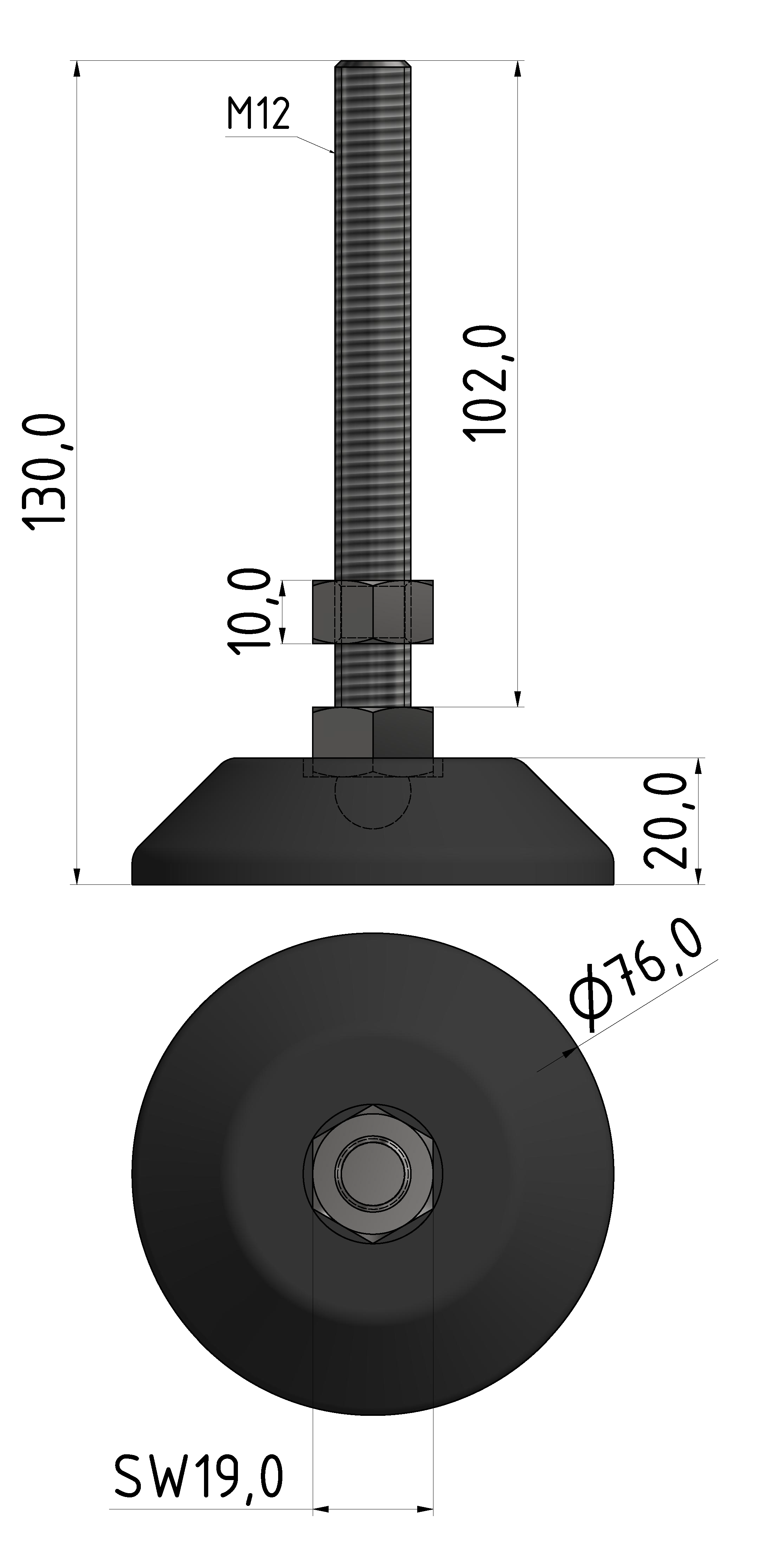 Stellfuß D80, M12x130, schwarz