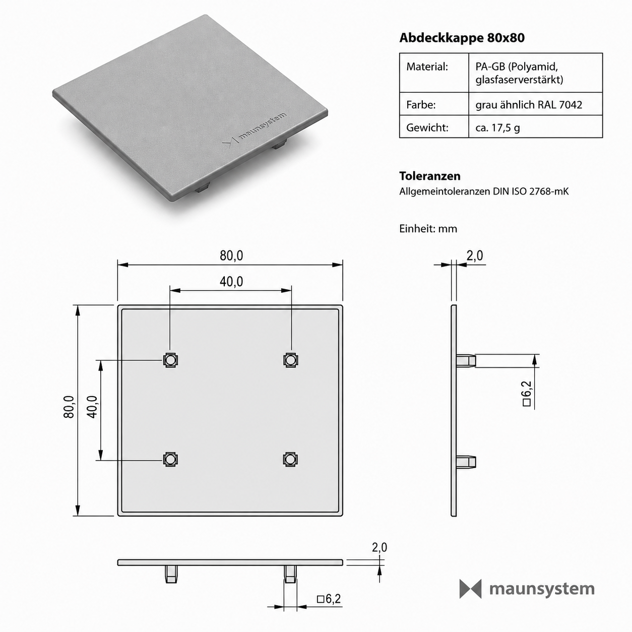 Abdeckkappe X 8 80x80, grau