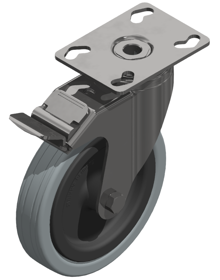 Castor D125 swivel with double-brake Fitting Plate, bright zinc-plated