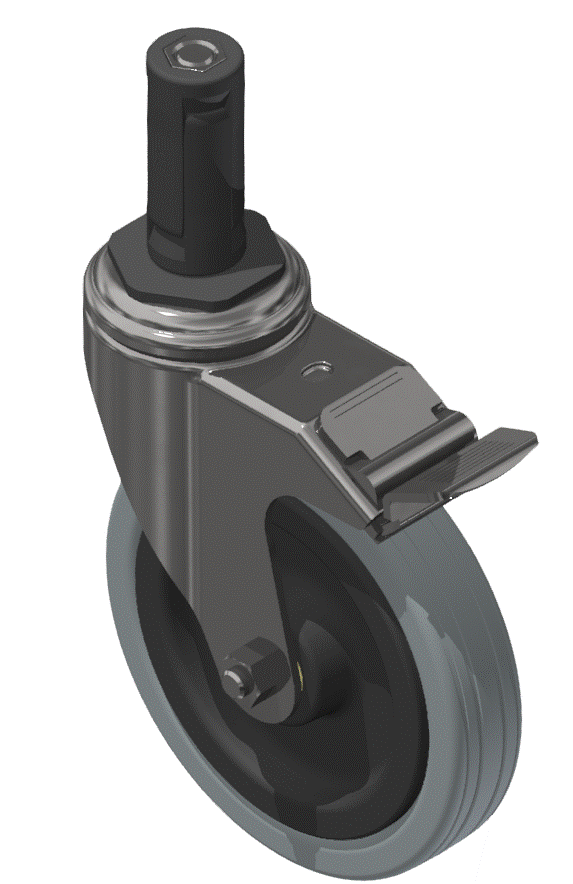 Castor D125 swivel with double-brake plug-in Pin, bright zinc-plated