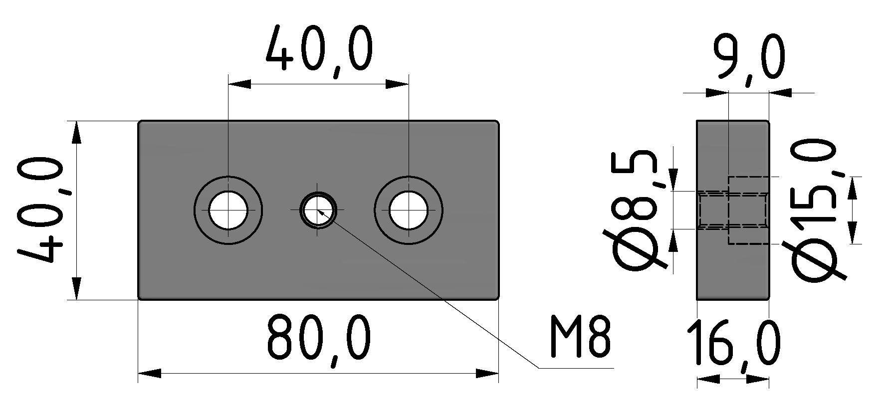 Fußplatte X 8 80x40, M8, weißaluminium