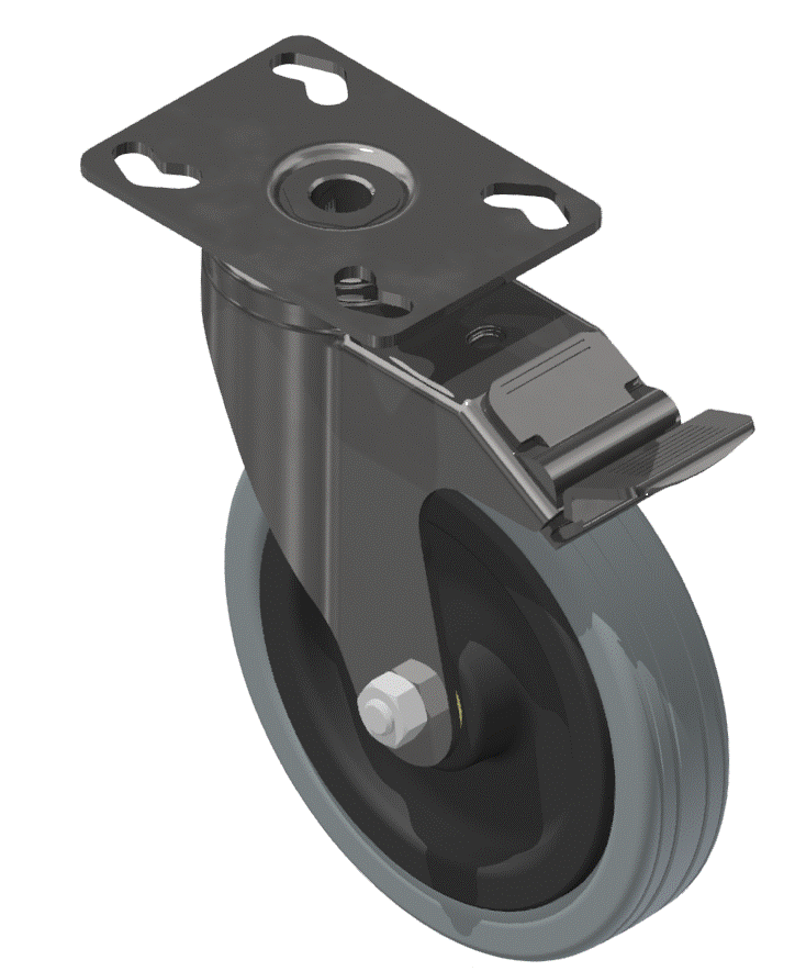 Castor D125 swivel with double-brake Fitting Plate, bright zinc-plated