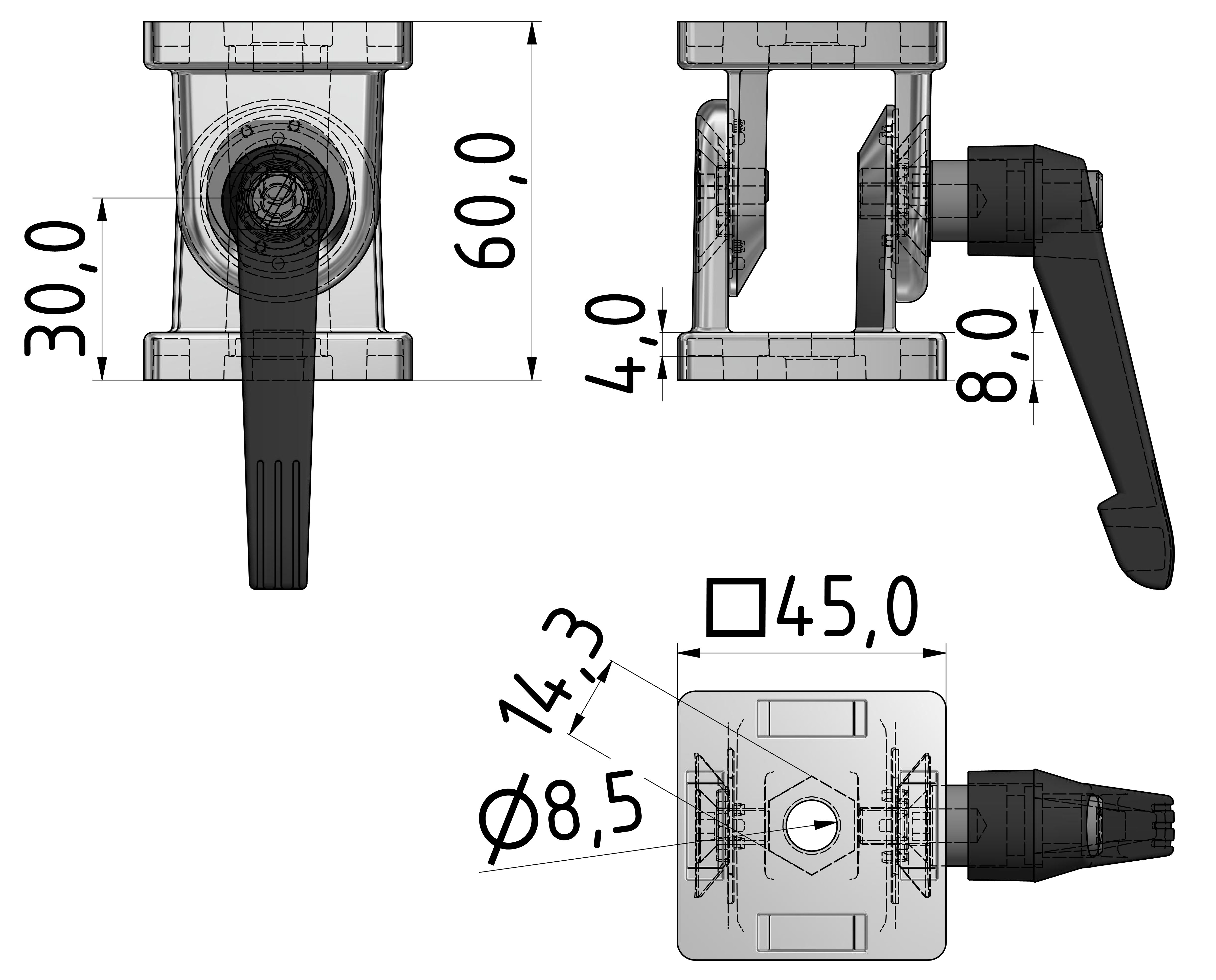 Gelenk 45 mit Klemmhebel, weißaluminium-10