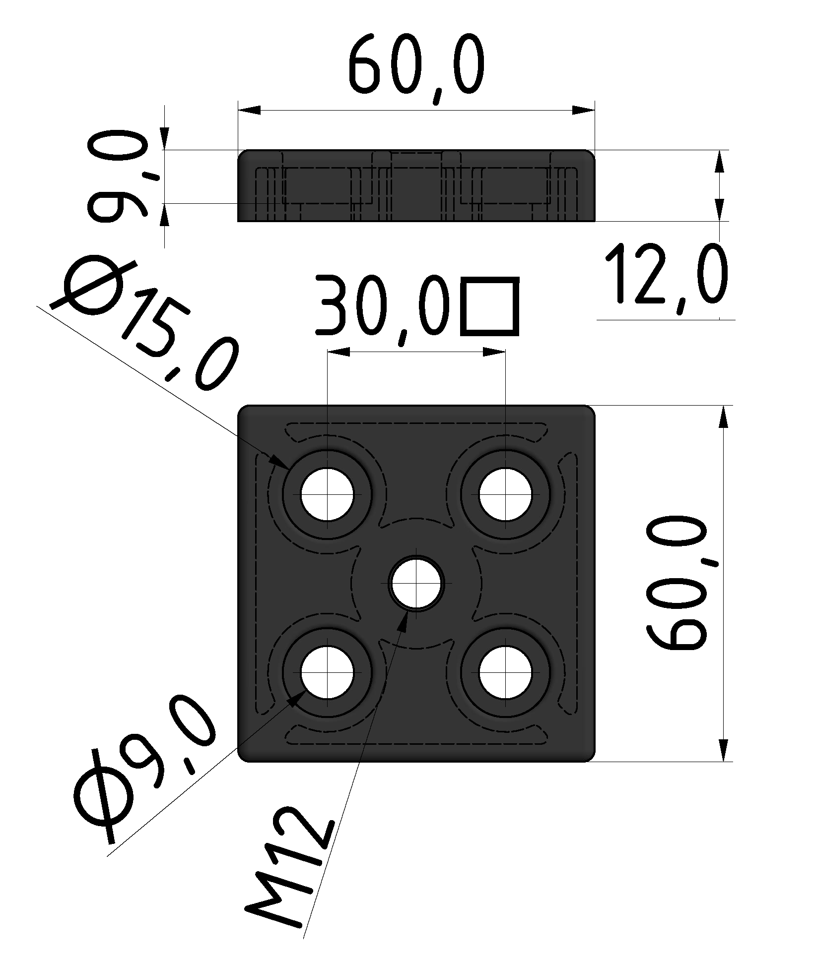 Fußplatte 830 60x60, M12, schwarz