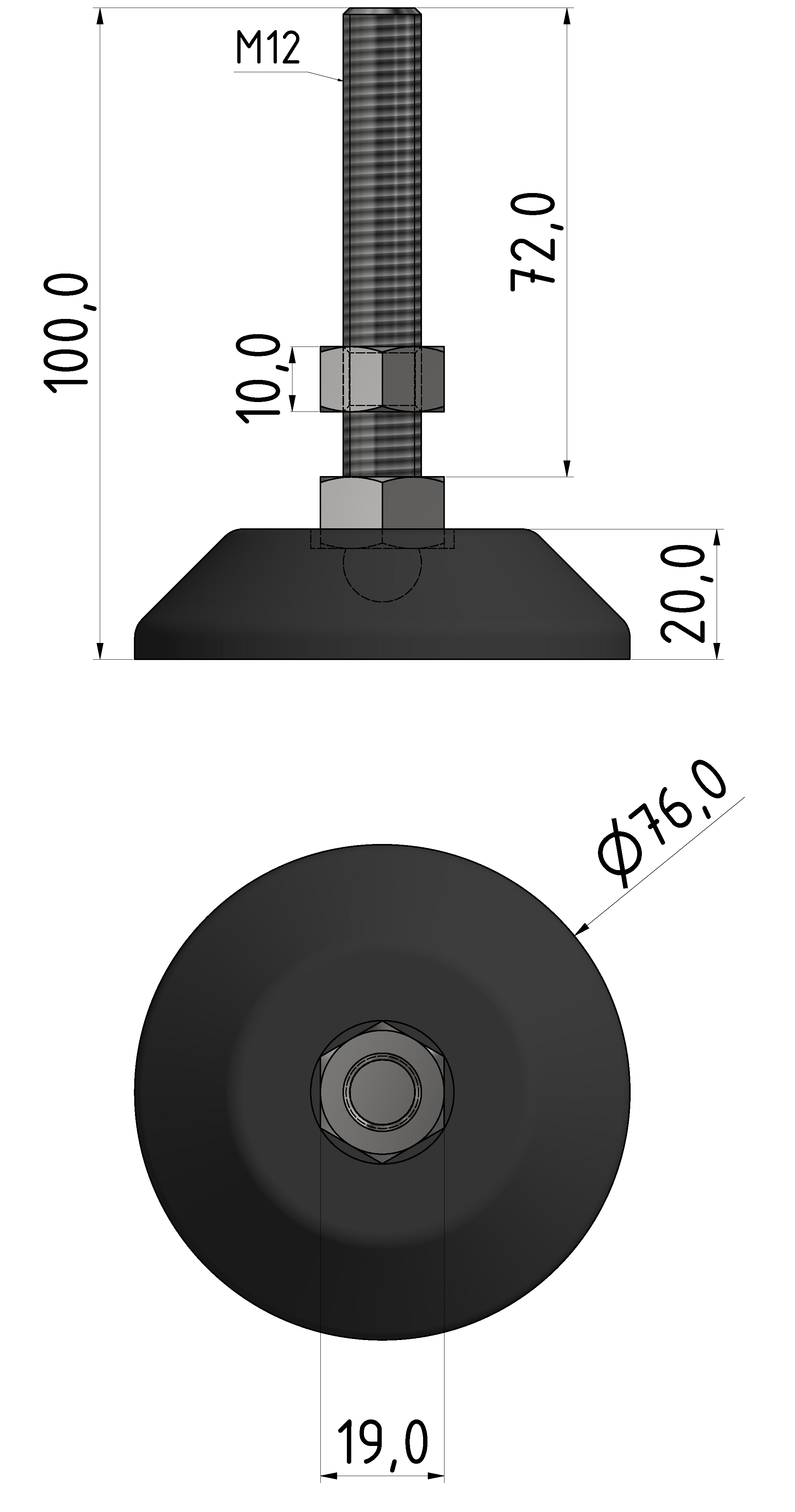 Knuckle Foot D80, M12x100, black
