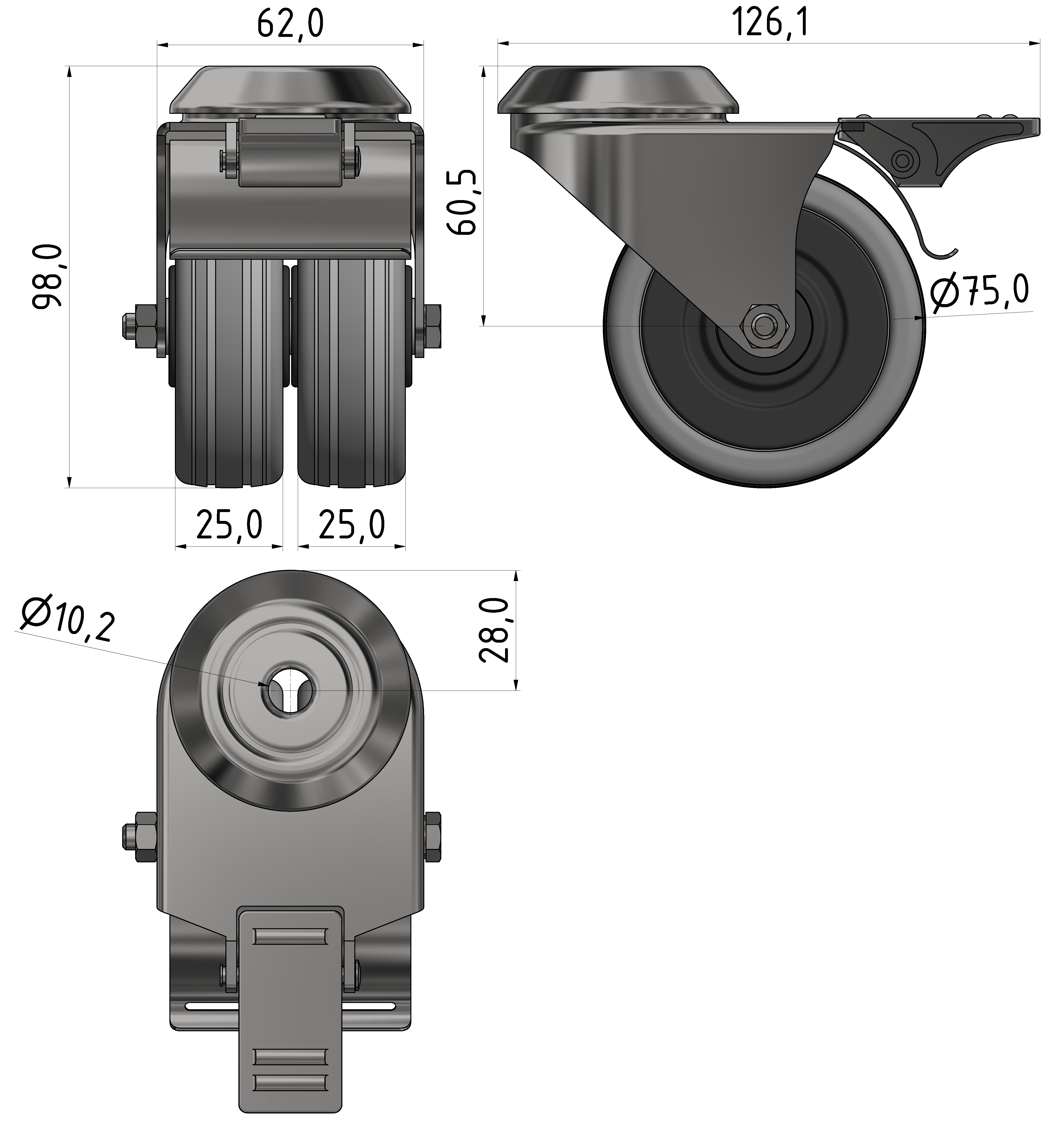 Doppel Lenkrolle D75 Doppelfeststeller