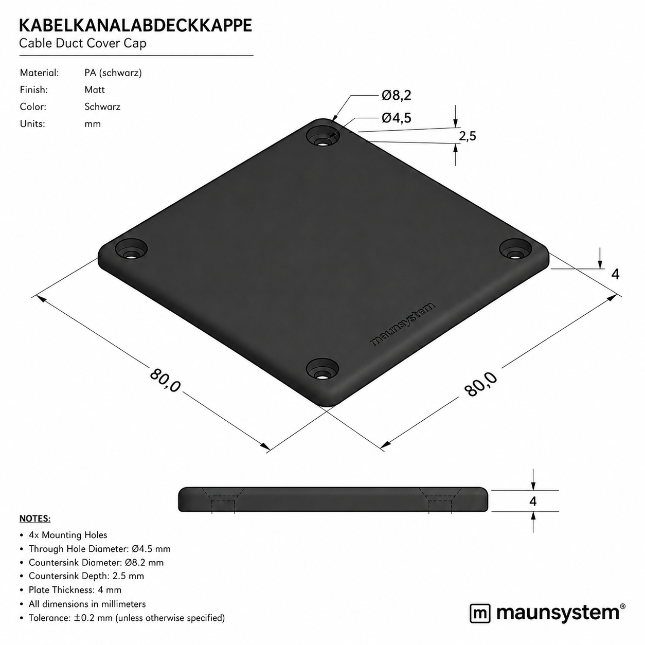 Kanal-Abdeckkappe 80x80, schwarz