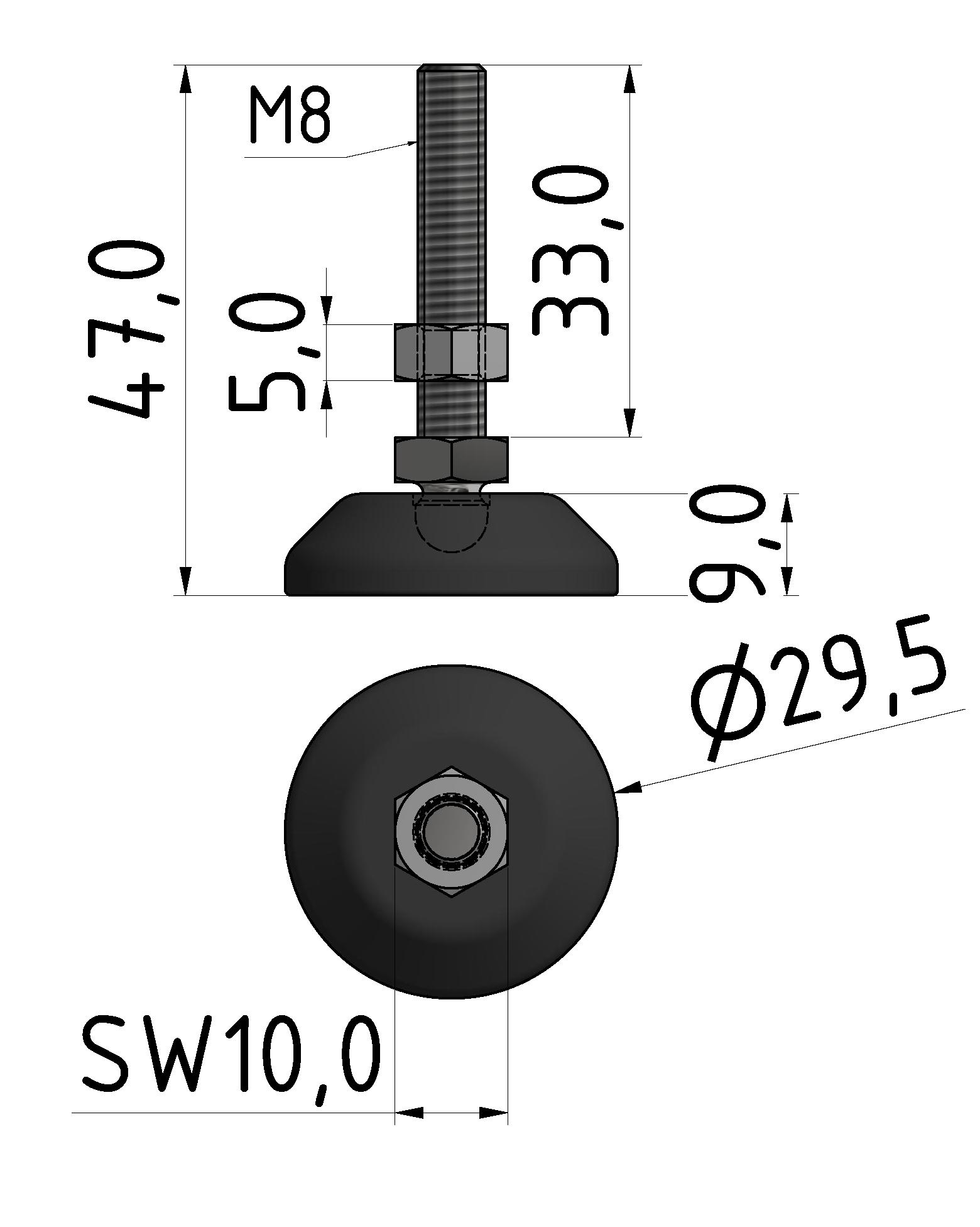 Stellfuß D30, M6x45, schwarz
