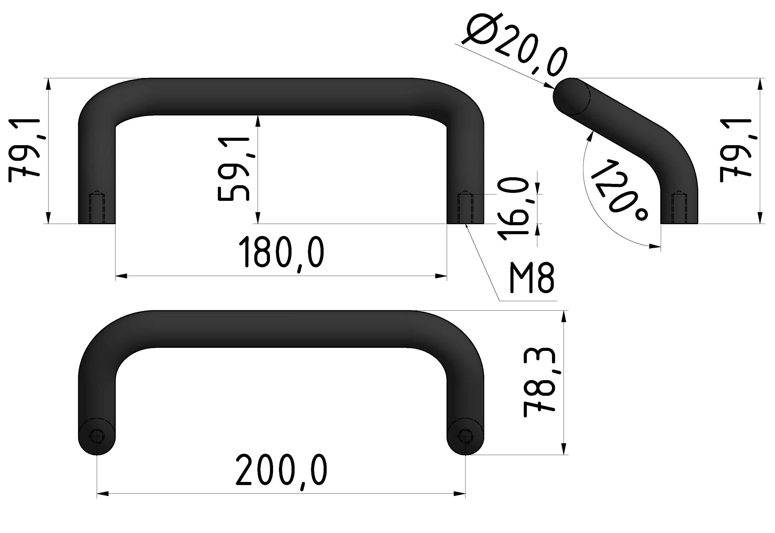 Handle AL 200 cranked, black