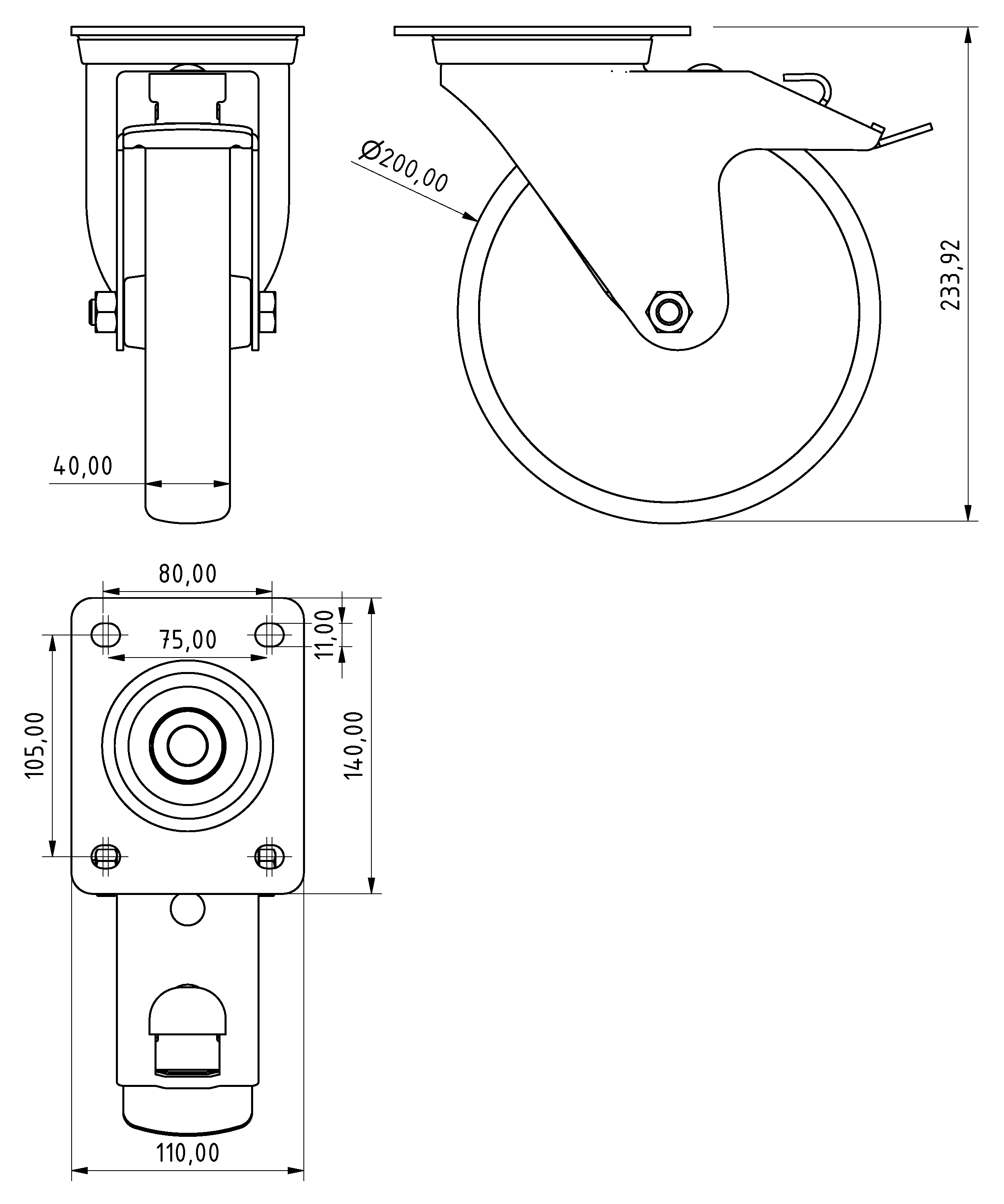Castor fixed D100, bright zinc-plated