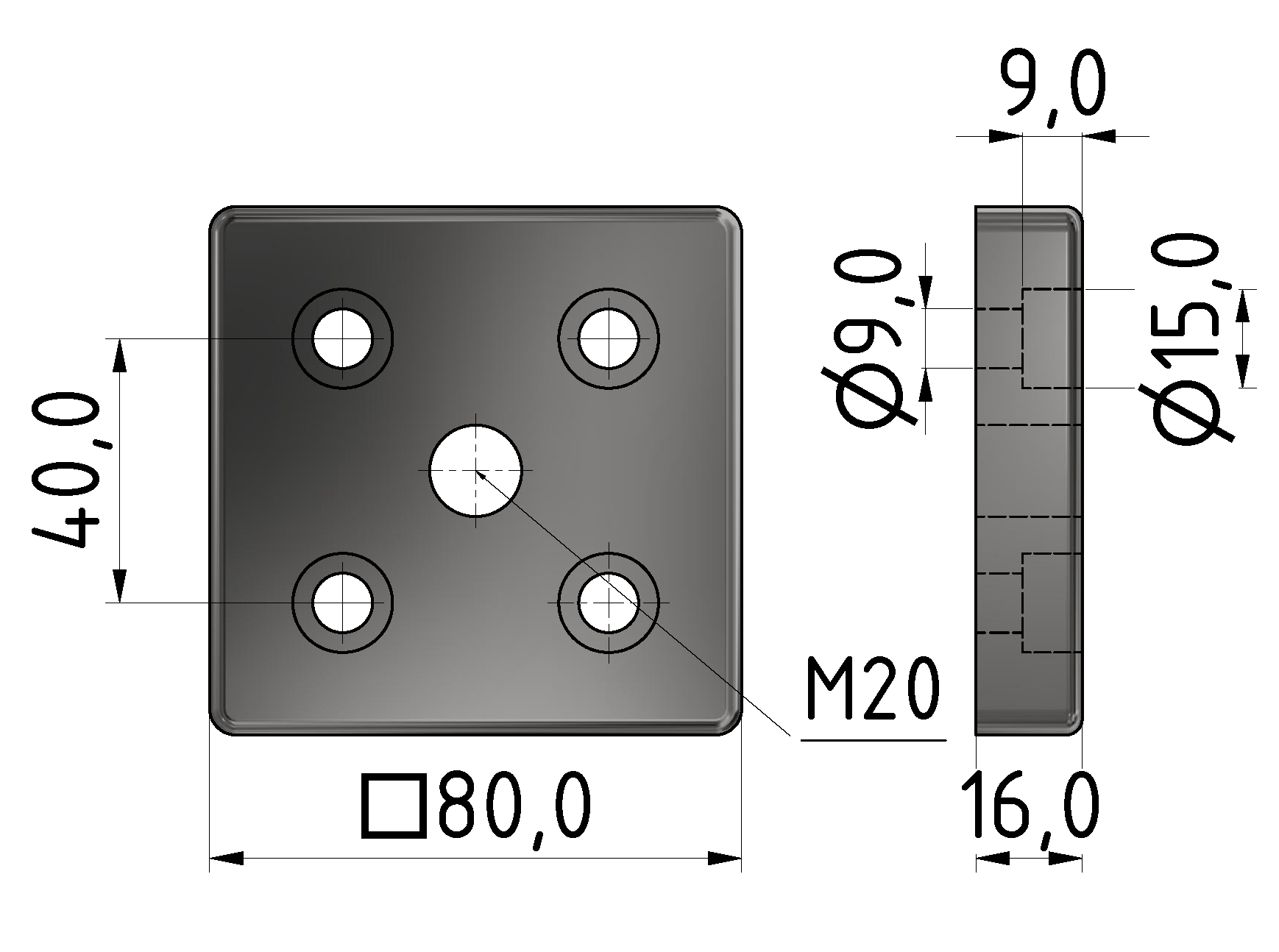 Fußplatte 8 80x80, M20, verzinkt