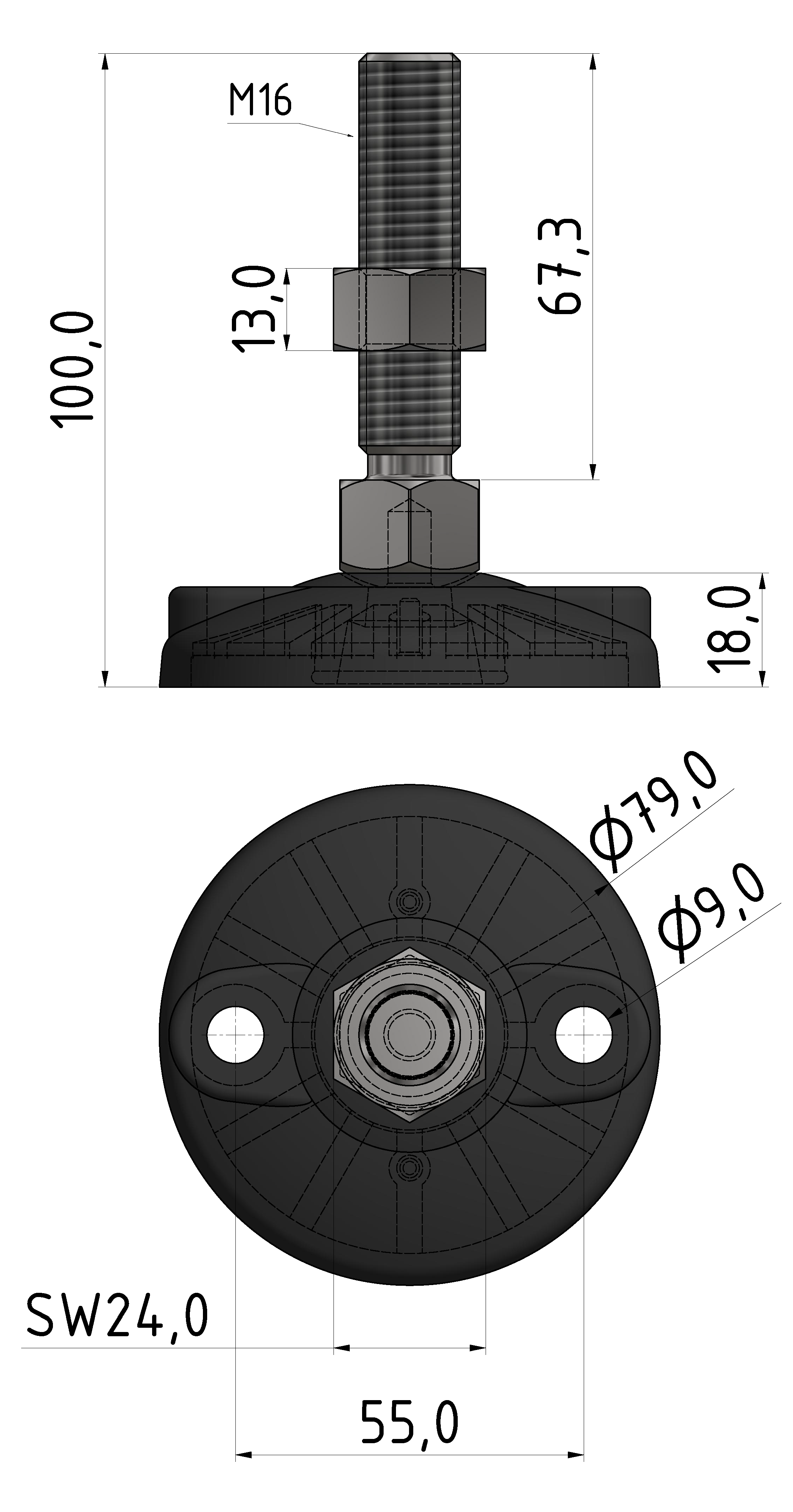 Stellfuß D80 B, M16x100, schwarz