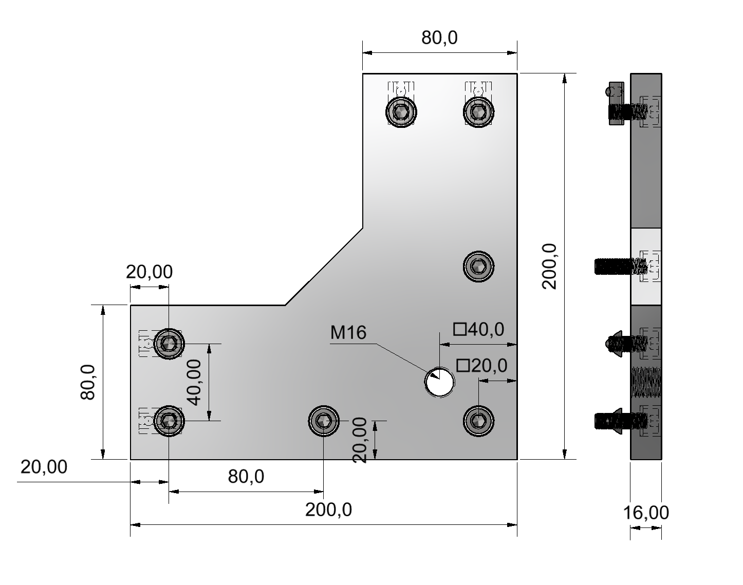 Fußplatte X 8 200x200-90° M16