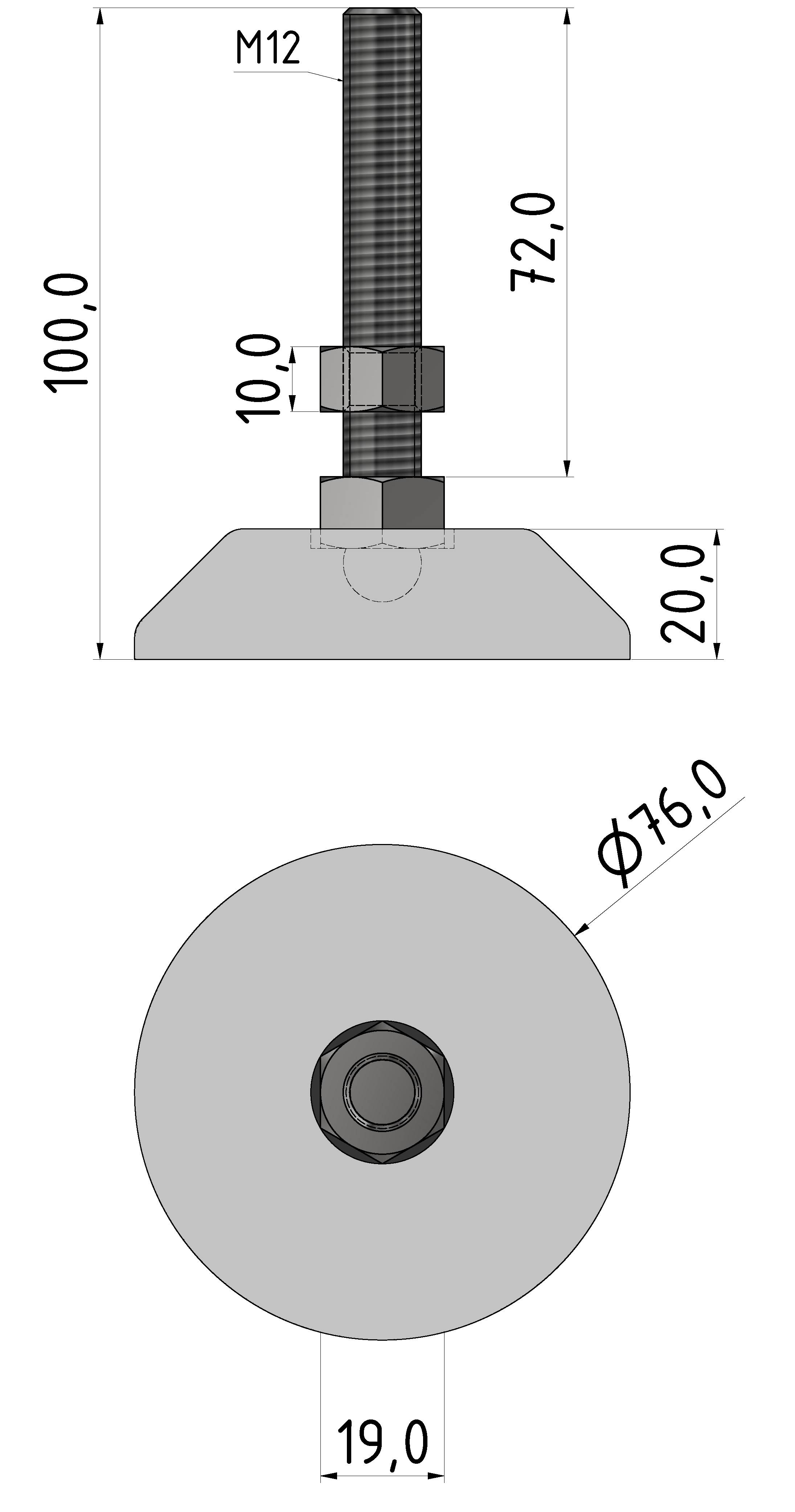 Knuckle Foot D80, M12x100, white aluminium